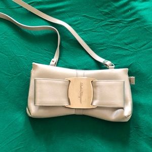 New Salvatore Ferragamo satin and leather trim bow clutch bag in silver / gray